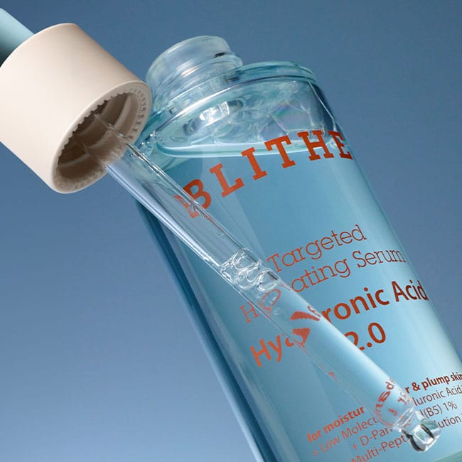 Close-up of BLITHE Targeted Hydrating Serum Hyaluronic Acid 2.0 bottle and dropper showcasing the serum's hydrating and skin-plumping properties.