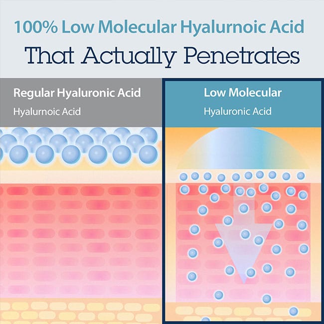 Illustration showing the penetration difference between regular hyaluronic acid and low molecular hyaluronic acid, highlighting the superior absorption of BLITHE Targeted Hydrating Serum Hyaluronic Acid 2.0.