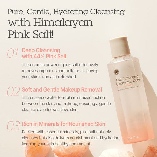 Blithe Anti-Polluaging Cleansing Water enriched with 44% Himalayan Pink Salt, offering deep cleansing, gentle makeup removal, and mineral-rich nourishment for the skin.