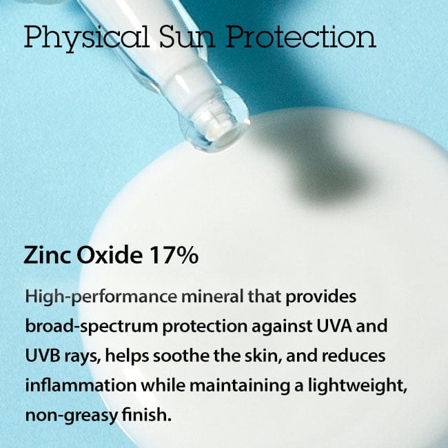 Physical sunscreen with 17% zinc oxide for broad-spectrum protection against UVA and UVB rays, suitable for sensitive skin. Maintains a lightweight, non-greasy finish.