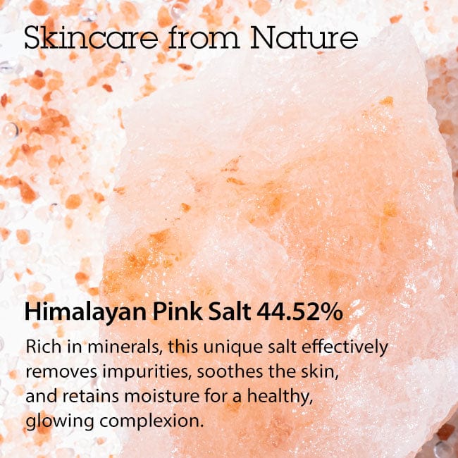 Close-up of Himalayan Pink Salt, highlighting its 44.52% mineral content, used in Blithe Cleansing Water to remove impurities, soothe skin, and retain moisture for a glowing complexion.