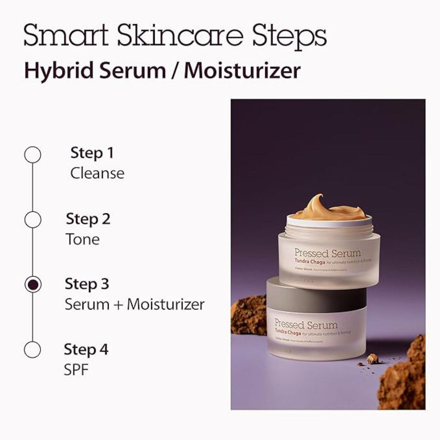Blithe Pressed Serum Tundra Chaga featured in smart skincare steps as hybrid serum and moisturizer, ideal for firming and anti-aging