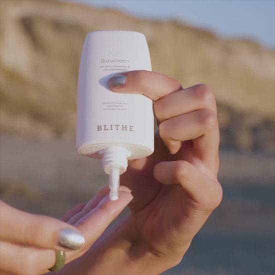 Enjoy a sunny day at the beach while being protected by the best mineral sunscreen, Blithe Airy Sunscreen. Perfect for outdoor activities and sun protection.